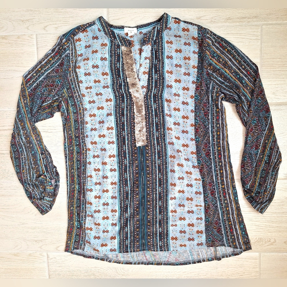 Anthropologie Tiny Devas Aztec Printed Sequin Neckline Peasant Top - Size Small